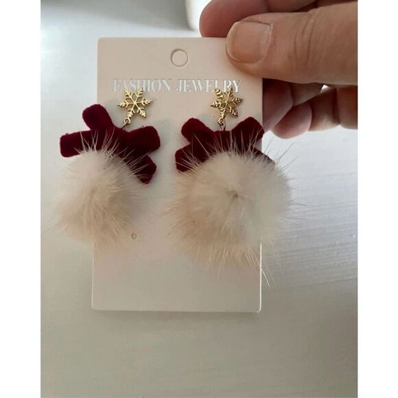 Holiday Christmas Vegan Fur Ball Red Bow Dangle Drop Earrings - Picture 7 of 8
